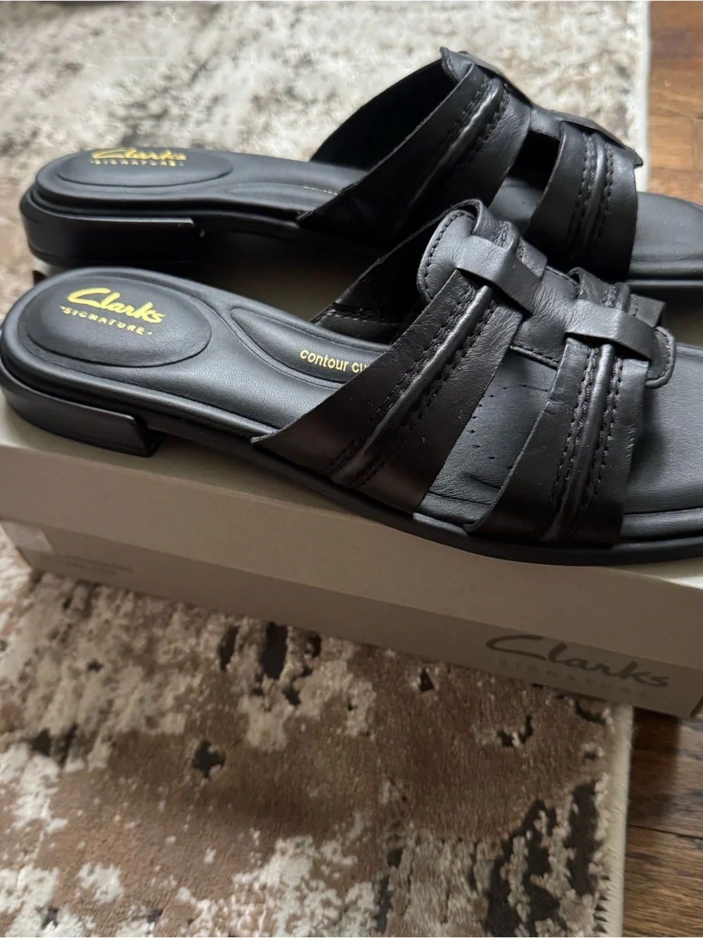 Clarks Black Leather Slide Sandals with Braided Straps